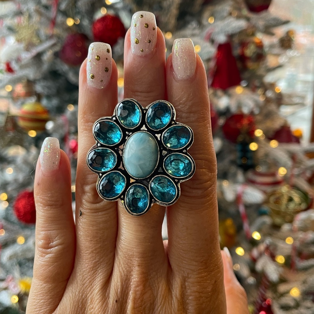 Larimar & blue Topaz, Silver Floral Ring